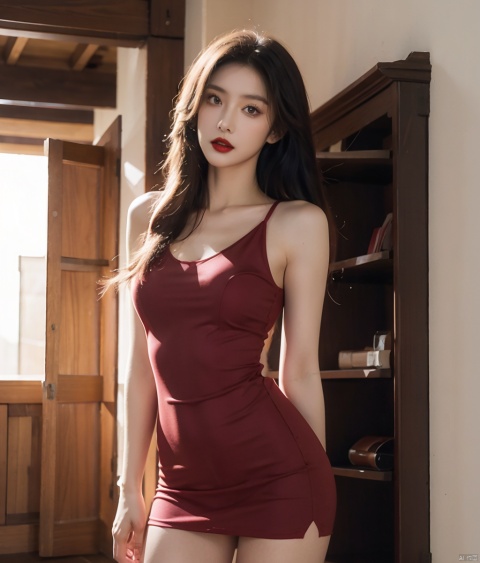  1girl,arms_behind_back,bare_shoulders,black_hair,cowboy_shot,indoors,lips,lipstick,makeup,realistic,red_lips,long_hair,sleeveless,solo,standing,leg seams,exposed vagina,Sling dress,White clothes,