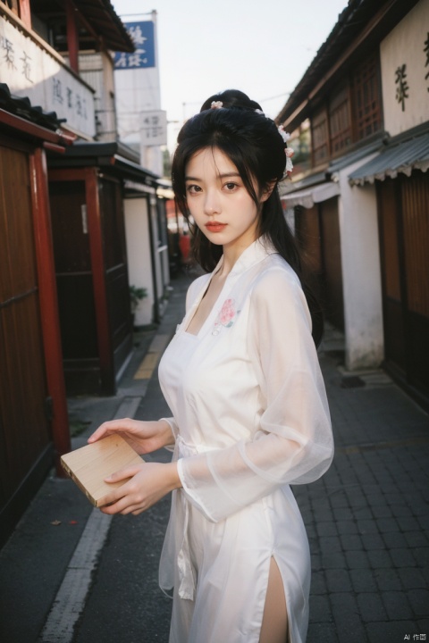  best quality, masterpiece, ultra high res,1girl, gigantic_breasts, looking at viewer,(see-through dress),bare shoulders,dress,qi pao,ancient Chinese street ,Chinese dress,, yosshi film, standing, one girls, chinese_clothes, Chinese costume, street, smiling, holding_wood_box , ganyu (genshin impact), 1girl