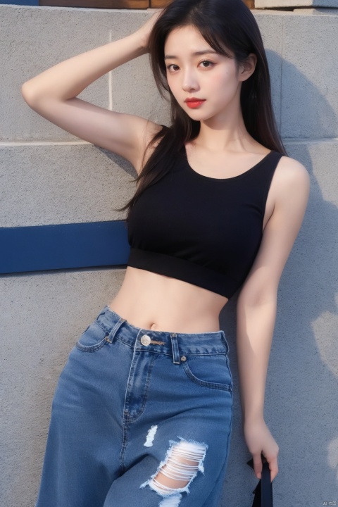  1girl, solo, breasts, looking at viewer, smile, brown hair, black hair, navel, bare shoulders, brown eyes, jewelry, closed mouth, standing, collarbone, cowboy shot, midriff, pants, lips, shadow, tank top, denim, jeans, realistic, arms at sides, 1girl,short skirt, （\personality\）, 1 girl,moyou