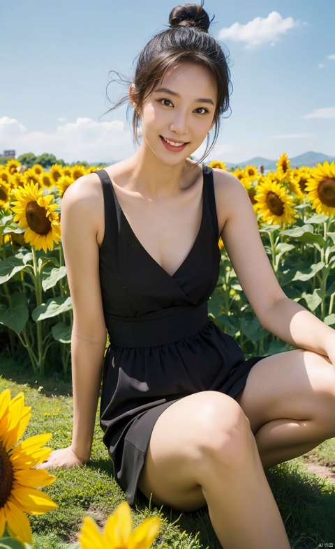  (masterpiece:1.2),(best quality:1.2),(high resolution:1.2)
 
CyberPanam, 1girl, solo, black hair, brown eyes, single hair bun, sitting in a sunflower field, smiling, sunlight, Joey Wong