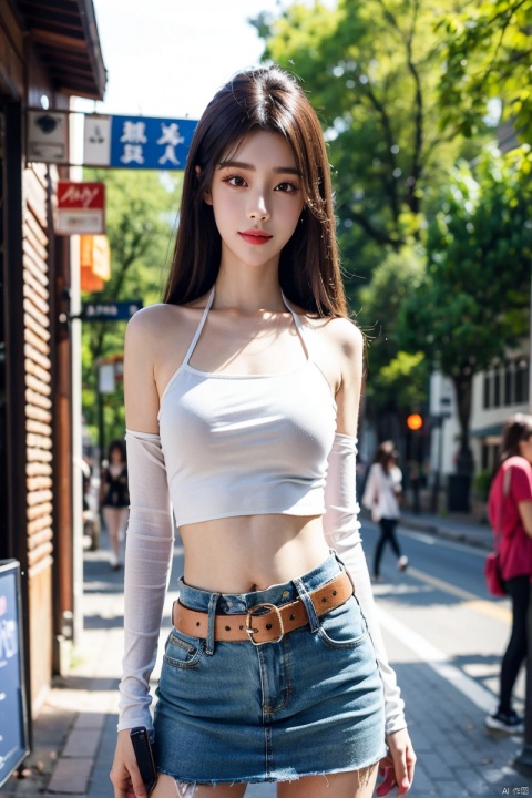  best quality, masterpiece, cowboy_shot,(Good structure), DSLR Quality,Depth of field,kind smile,looking_at_viewer,Dynamic pose,
 1girl, 3d, bare_shoulders, belt, blurry, blurry_background, blurry_foreground, branch, , , , collarbone, cosplay_photo, denim, denim_skirt, depth_of_field, , lips, long_hair, looking_at_viewer, midriff, miniskirt, motion_blur, navel, outdoors, photo_\(medium\), realistic, skirt, solo, standing, tree, , , , , yuechan