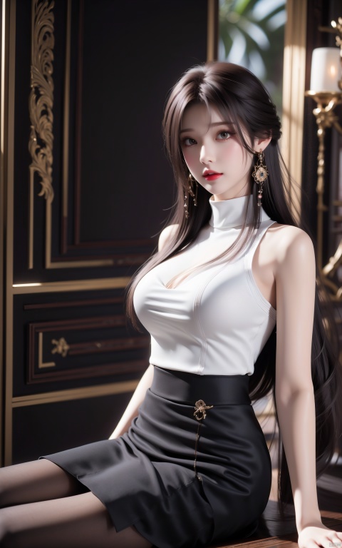 1girl, solo, long hair, breasts, looking at viewer, skirt, large breasts, brown hair, shirt, black hair, bare shoulders, jewelry, sitting, closed mouth, white shirt, pantyhose, cowboy shot, earrings, sleeveless, indoors, miniskirt, black skirt, lips, black pantyhose, bare arms, sleeveless shirt, covered navel, turtleneck, arm support, pencil skirt, high-waist skirt, taut clothes, red lips