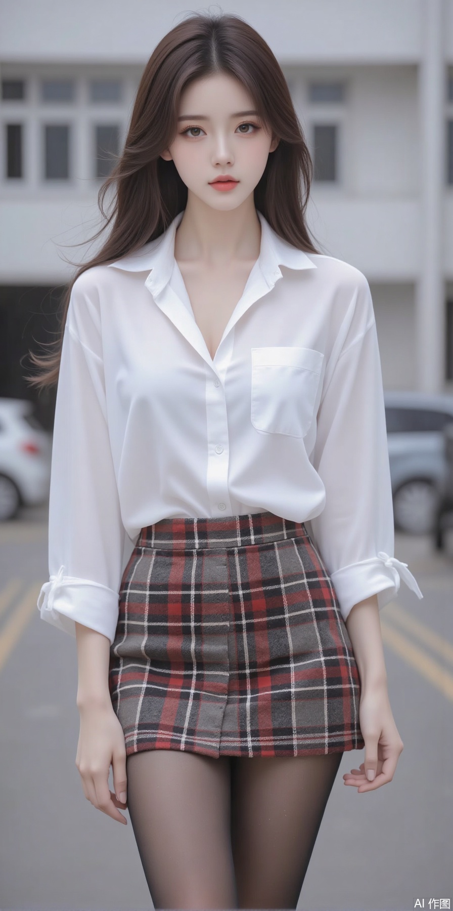 1girl, solo, long hair, looking at viewer, skirt, brown hair, shirt, black hair, brown eyes, underwear, panties, white shirt, ass, pantyhose, outdoors, lips, plaid, black pantyhose, plaid skirt, building, panties under pantyhose, realistic