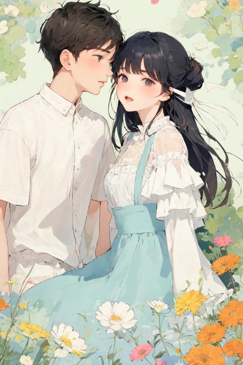 It is divided into two parts. The upper part is of a boy and the lower part is of a girl. They are a couple. The style is cute and the background is clean.