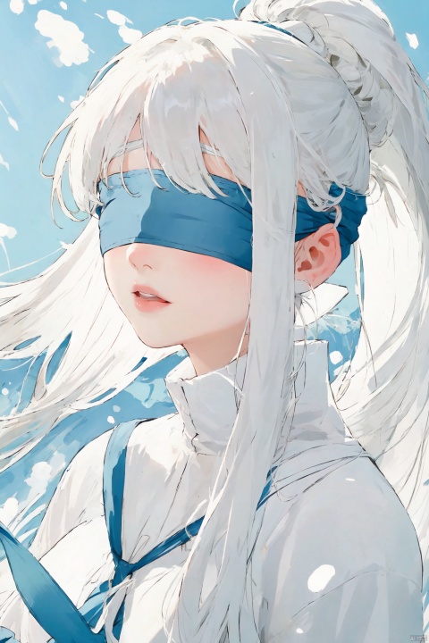  duotone white and blue,1girl,Long hair, ponytail, white hair,(blindfold),The wind blows, close-up,nsfw