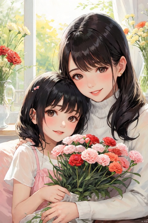  Mother's Day, mother and daughter, carnations, warm picture