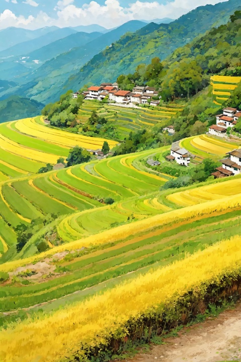 Terraces on the mountain, golden rice fields