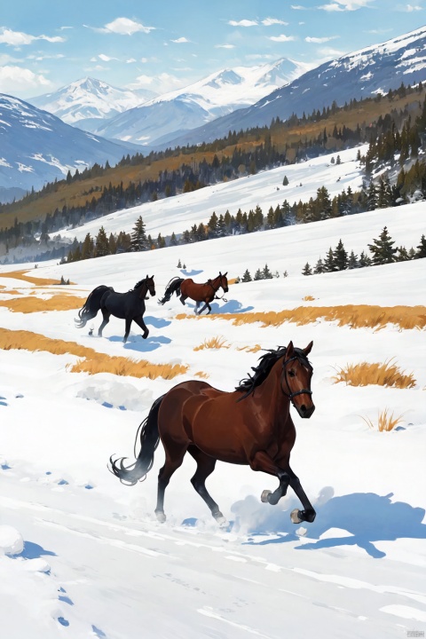 Grassland, snow, horses running