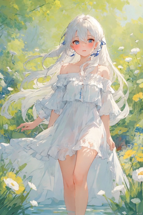 (masterpiece, extremely detailed 8k wallpaper,best quality), (best illumination, best shadow, extremely delicate and beautiful), floating, finely detail, Depth of field (bloom),classic, (illustration), (sketch),(panorama),fog,looking at viewer,(solo), 1girl,loli,outdoor detailed eyes,perfect face, 1girl, solo ,blue eyes , very long hair ,(white hair) ,hair between eyes ,floating hair,hair ribbon, long dress,off shoulder,frills,skirt,highthigh (blush),((legloops)),smallass, (秋水共长天一色), (/qingning/), (\MBTI\)
