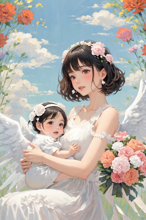  Mother with angel wings, holding up babies, carnations,