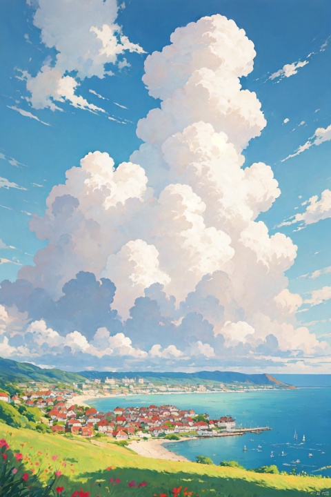  clouds, anime cloud, town, colorful,seaside