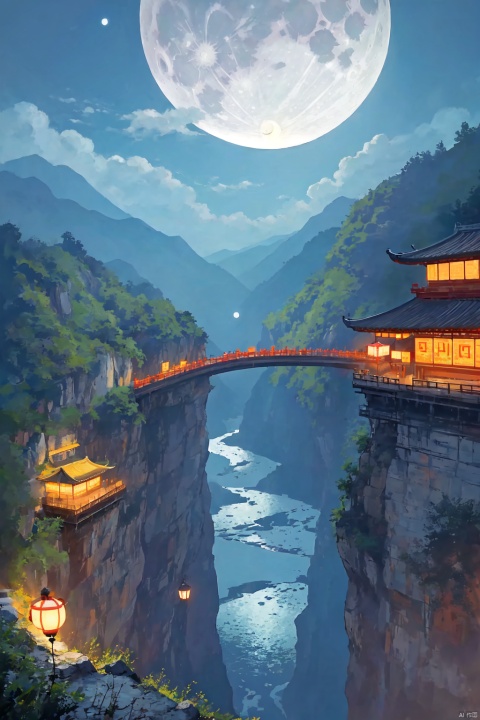 The sky is far and wide, and the moon is clearly visible along the Chengjiang River.