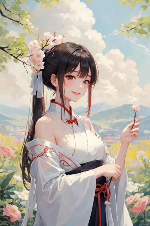  a girl,xianjing,Off-the-shoulder, white sling, bust photo,upper body,Hanfu, Cloud, Smoke,branch,flower, smile,Gaze at the audience, Ink scattering_Chinese style
