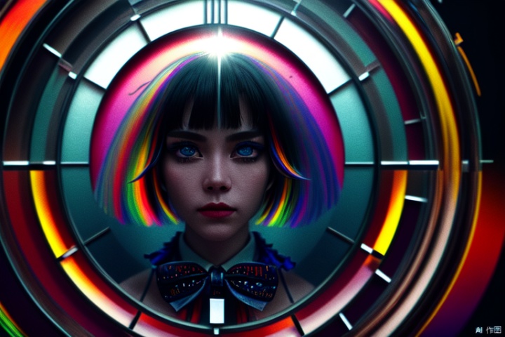 ((illustration)), ((floating hair)), ((chromatic aberration)), ((caustic)), lens flare, dynamic angle,  ((portrait)),  (1 girl), ((solo)), cute face, ((hidden hands)), asymmetrical bangs, (beautiful detailed eyes), eye shadow, ((huge clocks)),  ((glass strips)), (floating glass fragments), ((colorful refraction)), (beautiful detailed sky), ((dark intense shadows)), ((cinematic lighting)), ((overexposure)), (expressionless),  blank stare, big top sleeves, ((frills)), hair_ornament, ribbons, bowties, buttons, (((small breast))), pleated skirt, ((sharp focus)), ((masterpiece)), (((best quality))), ((extremely detailed)), colorful, hdr, 2024 Hainan International Cultural and C
