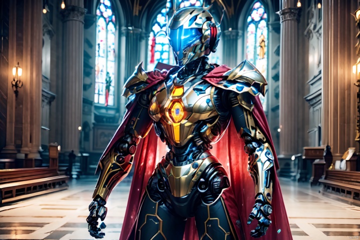 best quality
1boy
Biomimetic robots,Full body metal armor
Skull  , Holding a sword in the left hand,Hold a shield with the right hand,Red Cloak
In the church
Science fiction art style
full body
Ambient light, 1girl, cyborg, robot