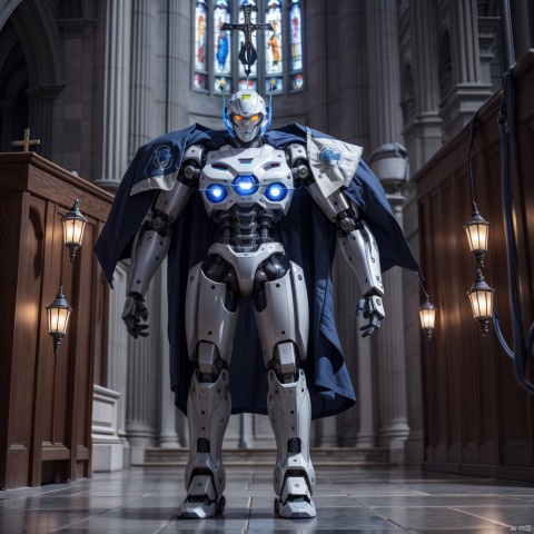  1boy, solo focus, metal,mechanical, robot, mecha, In the church,Religious atmosphere,science fiction, full body, stand straight