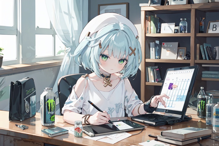 1girl, blinking, blurry foreground, book, bookshelf, calendar \(object\), can, chair, clock, closed mouth, collarbone, desk, digital clock, drawing tablet, electrical outlet, energy drink, green eyes, hair ornament, hairpin, hat, head on hand, indoors, ligne claire, long eyebrows, monster energy, multiple hairpins, office chair, partially fingerless gloves, pill bottle, poster \(object\), power strip, shirt, short hair, sitting, solo, stylus, swivel chair, t-shirt, tablet pc, upper body, white hat, white shirt,landscape