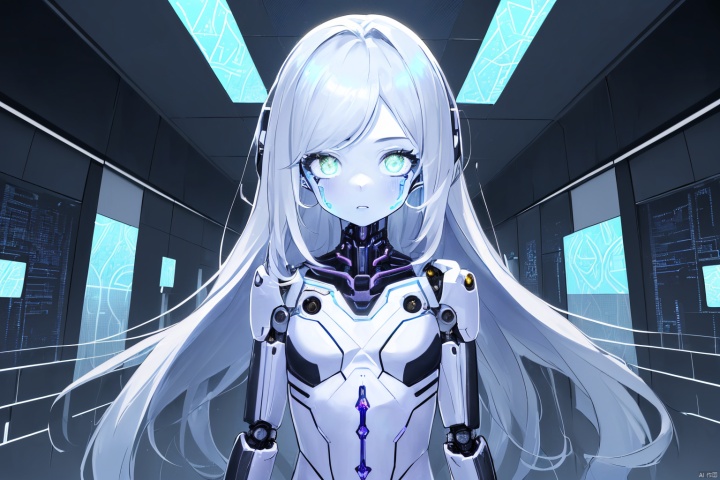((masterpiece)), ((best quality)), ((ultra-detailed)),1girl,solo,(tsurime:1.2),(jewel eyes),(white skin:1.2),(skinny:1.5),(robot girl:1.2), mechanical prosthesis,long hair, crystals texture Hair, parted bangs, colorful hair,Upright and immobile,from the front,upper body,code,A cord is connected to the body,ribs, thin legs,(A girl with glowing patterns all over her body:1.5),(cyber hall:1.5),(vast hall:1.5),perfecteyes, backlight