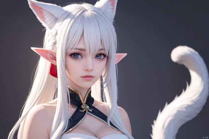 a white lady with elf ears and big red tail with white paws, 1girl, solo, realistic, animal ears, white hair, looking at viewer