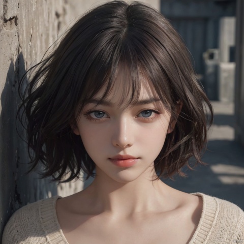 masterpieces, best quality, (ultra_detailed),(realistic),(photorealistic),(shallow depth of field),(natural lighting),high-key,soft focus(sensual woman),close-up shot,(in undressed concrete room),(half hidden behind the wall),plump, wavy short hair, built bangs, drooping eyes, wide-set eyes, lovely round eyes,happy face,wind blowing