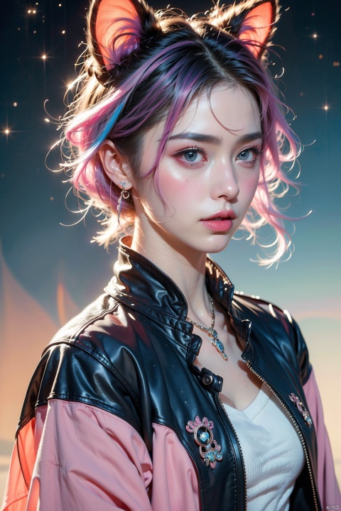 a portrait of an anime character with bright eyes and brightly colored hair in deep space, 1girl, animal ears, planet, solo, space, multicolored hair, pink hair, short hair, makeup, jacket, upper body, blue hair, backlight, guoflinke