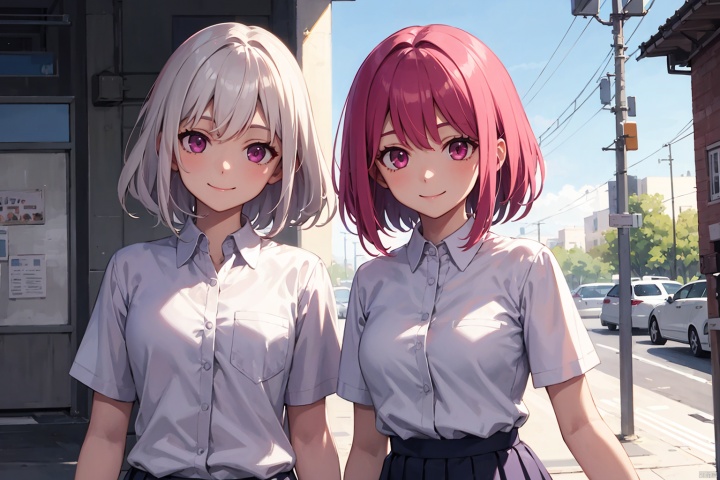 vibrant colors, 2 females, masterpiece, sharp focus, best quality, depth of field, cinematic lighting, white hair, red eyes, short hair, pink hair, purple eyes, long hair, skirt, outdoors, school uniform, shirt, pleated skirt, smile, short sleeves, collared shirt, white shirt,