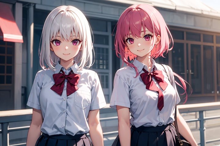 vibrant colors, 2 females, masterpiece, sharp focus, best quality, depth of field, cinematic lighting, white hair, red eyes, short hair, pink hair, purple eyes, long hair, skirt, outdoors, school uniform, shirt, pleated skirt, smile, short sleeves, collared shirt, white shirt,