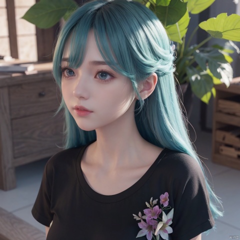  ((1girl)),kozuki hiyori, (3d rendering),(3d girl), ((solo)), Half body, details, (Long straight hairs),((blue-green hair:0.8)),big eyes,( detailed beautiful eyes), ( detailed face), (extremely detailed CG, ultra-detailed, best shadow), ((depth of field)), (loses black shirt),flowers and petals, duoliya