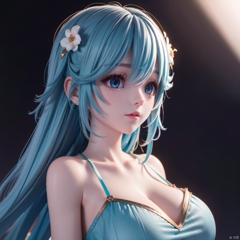 ((1girl)),kozuki hiyori, (3d rendering),(3d girl), ((solo)), Half body, details, (Long straight hairs),((blue-green hair:0.8)),big eyes,( detailed beautiful eyes), ( detailed face), (extremely detailed CG, ultra-detailed, best shadow), ((depth of field)), (loses black shirt),flowers and petals, duoliya