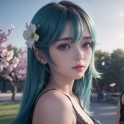  ((1girl)),kozuki hiyori, (3d rendering),(3d girl), ((solo)), Half body, details, (Long straight hairs),((blue-green hair:0.8)),big eyes,( detailed beautiful eyes), ( detailed face), (extremely detailed CG, ultra-detailed, best shadow), ((depth of field)), (loses black shirt),flowers and petals, duoliya