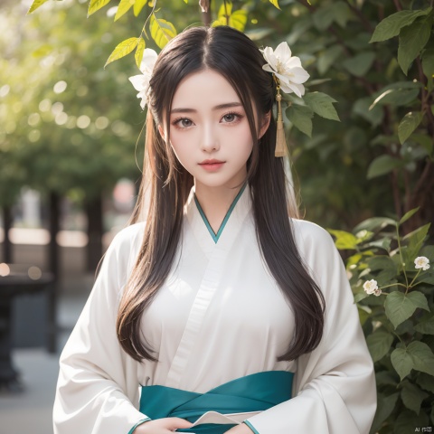  1 girl, solo, long white hair, shiny green eyes, detailed eyes, blink and youll miss it detail, silk hanfu, white robe hanfu, purple glittering butterflies, outdoors, flower garden, high quality, ancient chinese hanfu, floral background, very detailed
