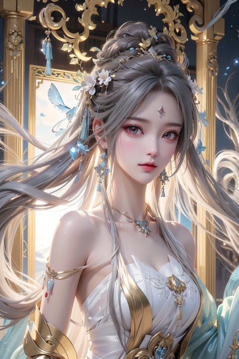 Chinese style game character design, anime aesthetics, gold and silver tones, white with gorgeous decorations on the head of long hair, wearing exquisite jewelry accessories around her neck and waist, holding stars in hand, sparkling blue crystal gemstones, light background, soft lighting, dreamy colors, Chinese ancient costume beauty, long eyelashes, big eyes.,,in plain view,
skin,charm,romance,exquisite realism,super realistic,super realistic,photo,translucent,dynamic pose,high detail,illustration,high detail,hyper quality,8K