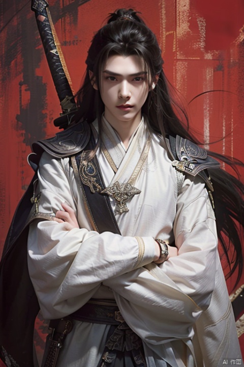 A Chinese ancient style boy with long black hair, wearing white and holding an iron sword on his back, stands in front of the red wall. He has exquisite facial features, handsome appearance, mysterious aura, dark eyes, sharp gaze, majestic demeanor, high contrast color tones, high resolution, full body portrait, digital painting, fantasy art illustration in the style of Chinese martial arts,arms_crossed,An ancient sword on his chest,
masterpiece, handsome male face, aesthetic, sharp details, focused , hd, 8k , 4k , sharp, highly detailed,skin,charm,romance,exquisite realism,panorama,super realistic,super realistic,photo,translucent,dynamic pose,high detail,translucent immersion,illustration,high detail,hyper quality,8K