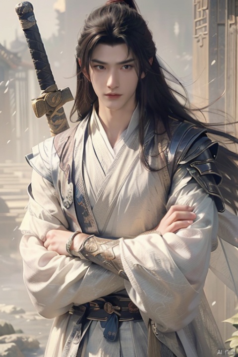 jianke,The cold look, the cold man,A Chinese ancient style boy with long black hair, wearing white and holding an iron sword on his back, stands in front of the red wall. He has exquisite facial features, handsome appearance, mysterious aura, dark eyes, sharp gaze, majestic demeanor, high contrast color tones, high resolution, full body portrait, digital painting, fantasy art illustration in the style of Chinese martial arts,arms_crossed,An ancient sword on his chest,
masterpiece, handsome male face, aesthetic, sharp details, focused , hd, 8k , 4k , sharp, highly detailed,skin,charm,romance,exquisite realism,panorama,super realistic,super realistic,photo,translucent,dynamic pose,high detail,translucent immersion,illustration,high detail,hyper quality,8K, hanfu, midjourney portrait, xiaoyan