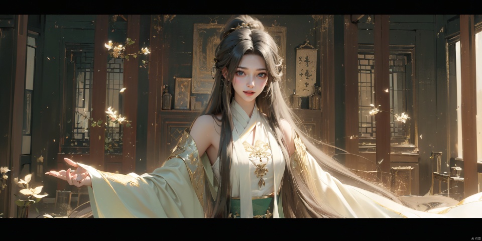 ((black hair:1.8)),1girl,solo:1.4,Inside the ancient Dokan, a woman dressed in white Hanfu, green belt, long black hair shawl, shoulders raised, hands spread out, upper body composition, super detail description,