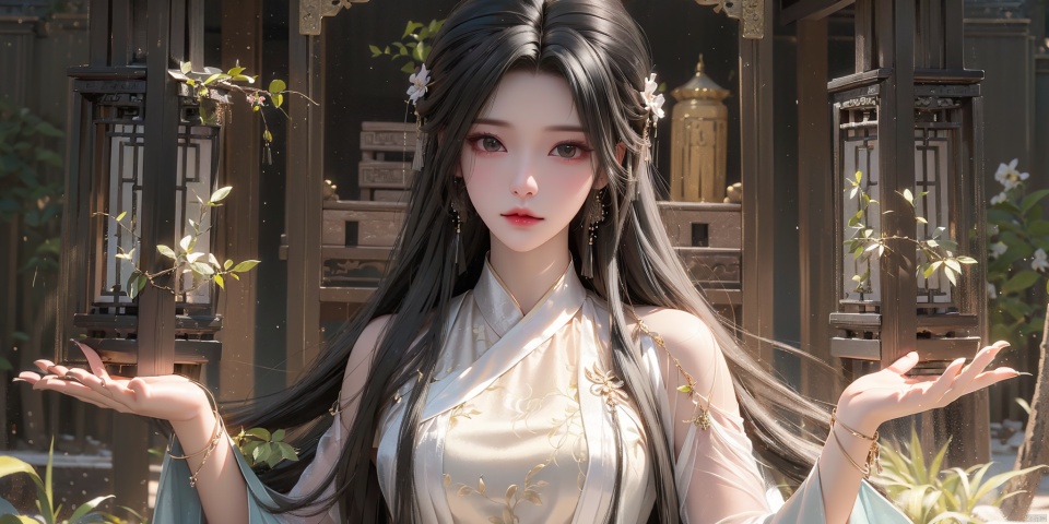 ((black hair:1.9)),solo:1.4,1girl, long hair, solo, letterboxed, sitting, plant, black hair, long sleeves, hair bun, from side, profile, hair ornament, chinese clothes, architecture, jewelry, wide sleeves, sash, hanfu, pillar, red lips, looking down, single hair bun, earrings, holding, east asian architecture, potted plant, blurry, day, closed mouth, sunlight