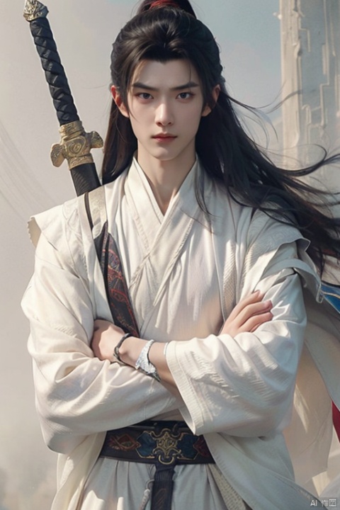 jianke,A Chinese ancient style boy with long black hair, wearing white and holding an iron sword on his back, stands in front of the red wall. He has exquisite facial features, handsome appearance, mysterious aura, dark eyes, sharp gaze, majestic demeanor, high contrast color tones, high resolution, full body portrait, digital painting, fantasy art illustration in the style of Chinese martial arts,arms_crossed,An ancient sword on his chest,
masterpiece, handsome male face, aesthetic, sharp details, focused , hd, 8k , 4k , sharp, highly detailed,skin,charm,romance,exquisite realism,panorama,super realistic,super realistic,photo,translucent,dynamic pose,high detail,translucent immersion,illustration,high detail,hyper quality,8K, hanfu