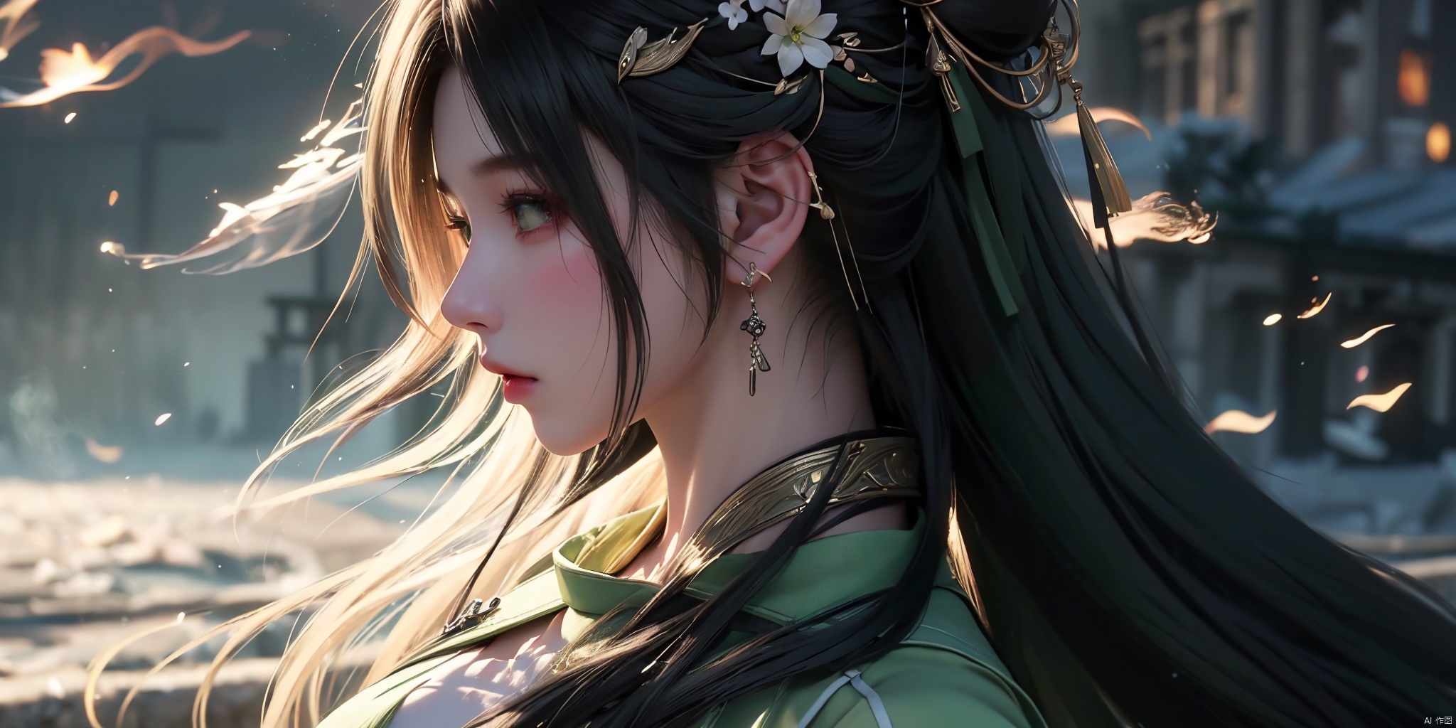  ((black hair:1.9))((green belt:1.5)),(green transparent material long sleeves:1.3),1 girl,((solo:1.9)),((profile:1.9)),The back perspective of a 20-year-old girl, long black head down vertically, hands down vertically, white Hanfu, ancient battlefields full of smoke, ancient buildings, and ancient buildings containing lanterns behind,
Burning ancient battlefields, billowing smoke, tiles, rubble,behind the smoke of war,skin,charm,romance,exquisite realism,super realistic,super realistic,photo,translucent,dynamic pose,high detail,illustration,high detail,hyper quality,8K, qingyi,hair ornament, long hair, limuwan