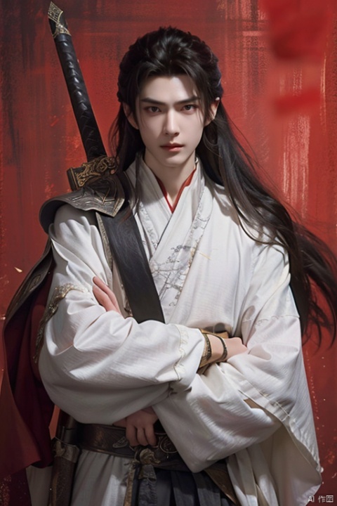 jianke,A Chinese ancient style boy with long black hair, wearing white and holding an iron sword on his back, stands in front of the red wall. He has exquisite facial features, handsome appearance, mysterious aura, dark eyes, sharp gaze, majestic demeanor, high contrast color tones, high resolution, full body portrait, digital painting, fantasy art illustration in the style of Chinese martial arts,arms_crossed,An ancient sword on his chest,
masterpiece, handsome male face, aesthetic, sharp details, focused , hd, 8k , 4k , sharp, highly detailed,skin,charm,romance,exquisite realism,panorama,super realistic,super realistic,photo,translucent,dynamic pose,high detail,translucent immersion,illustration,high detail,hyper quality,8K, hanfu
