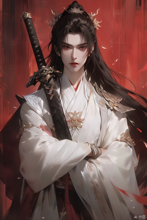 jianke,A Chinese ancient style boy with long black hair, wearing white and holding an iron sword on his back, stands in front of the red wall. He has exquisite facial features, handsome appearance, mysterious aura, dark eyes, sharp gaze, majestic demeanor, high contrast color tones, high resolution, full body portrait, digital painting, fantasy art illustration in the style of Chinese martial arts,arms_crossed,An ancient sword on his chest,
masterpiece, handsome male face, aesthetic, sharp details, focused , hd, 8k , 4k , sharp, highly detailed,skin,charm,romance,exquisite realism,panorama,super realistic,super realistic,photo,translucent,dynamic pose,high detail,translucent immersion,illustration,high detail,hyper quality,8K, hanfu