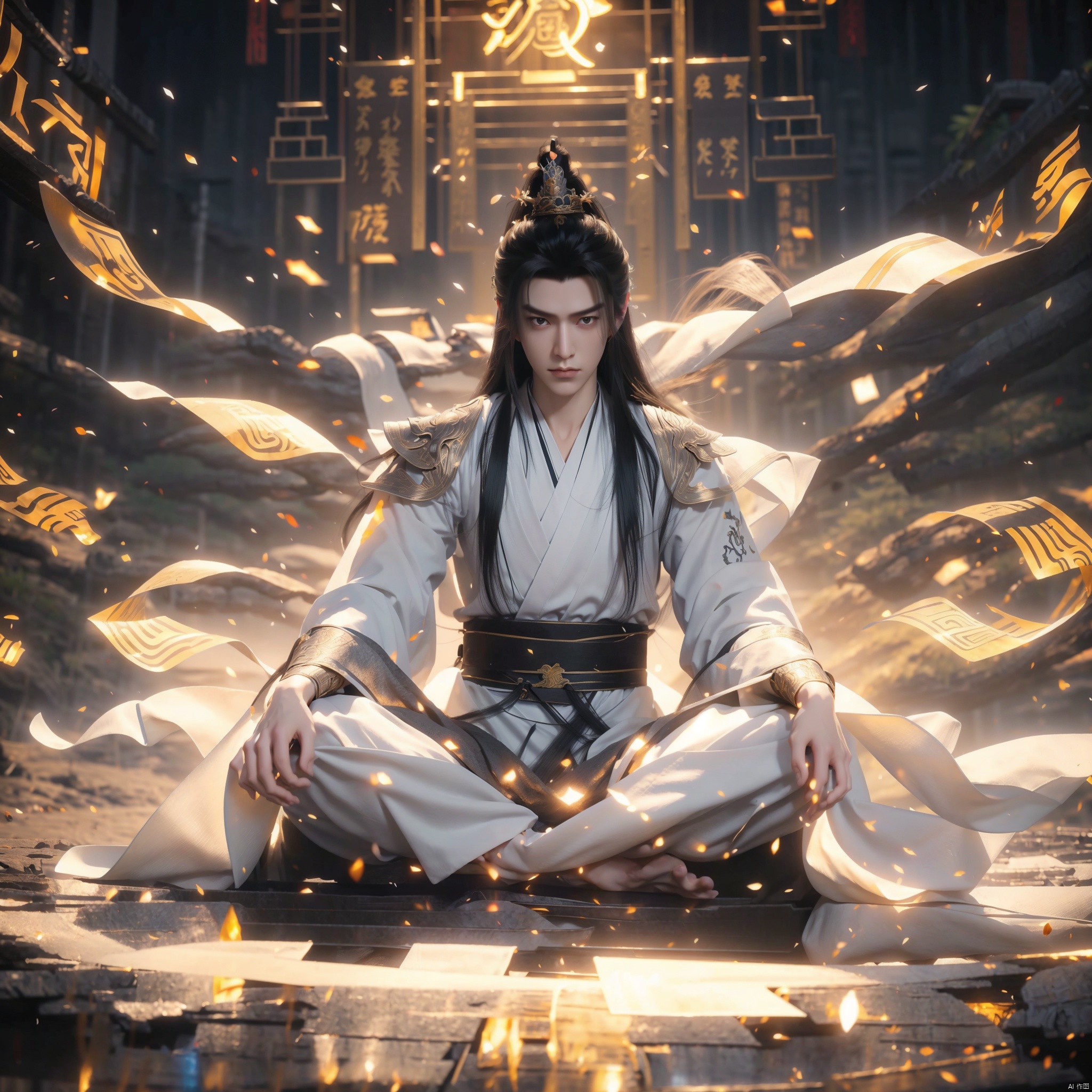  A handsome young man with black long hair, dressed in white robes, white Hanfu, black waistband,sits crosslegged on the ground meditating, emitting light around him,There is a huge and black shadow of a monster behind me,The background is an ancient temple surrounded by glowing lights. He has exquisite facial features, golden eyes, sharp gaze, gorgeous , flowing sleeves, and a beautiful appearance with a sacred aura. in the style of realistic, 32k ultra high definition resolution, best quality, masterpiece, fantasy, hdri