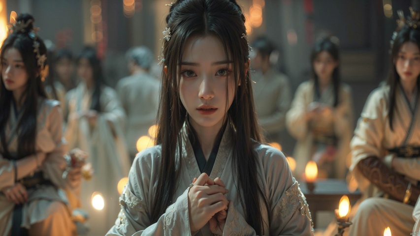  A 20 year old woman,smiling,dressed in a white costume with long straight black hair,The Hanfu has a green belt,made a prostration gesture,At night In a candlelit lit ancient building, dark environment,there is an ancient young girl wearing black armor with his arms crossed,looking at you in profile and frowning,she has long hair tied to one side and silver headband decoration,exuding elegance and confidence,The background shows other soldiers dressed as warrior characters from martial arts movies,They're all in a kneeling position,High definition photography,movie footage,and cinematic style are used,with Chinese elements,illustration,high detail,hyper quality,8K,
masterpiece, handsome male face, aesthetic, sharp details, focused , hd, 8k , 4k , sharp, highly detailed,skin,charm,romance,exquisite realism,panorama,super realistic,super realistic,photo,translucent,dynamic pose,high detail,translucent immersion,illustration,high detail,hyper quality,8K, hanfu, midjourney portrait, xiaoyan, qingyi