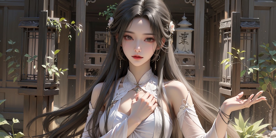 (Black hair: 1.9), (solo:1.4),(hand_on_own_chest:1.4),1 girl, long hair, solo, Positive view, half body picture, long sleeves, hair bun, hair accessories, Chinese clothing, architecture, jewelry, wide sleeves, belt, Hanfu, Chinese style architecture, red lips, single hair bun, earrings, holding, East Asian architecture, potted plants, blurry, daytime, closed, sunny