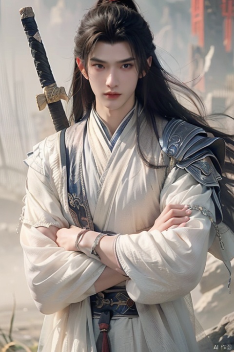 jianke,The cold look, the cold man,A Chinese ancient style boy with long black hair, wearing white and holding an iron sword on his back, stands in front of the red wall. He has exquisite facial features, handsome appearance, mysterious aura, dark eyes, sharp gaze, majestic demeanor, high contrast color tones, high resolution, full body portrait, digital painting, fantasy art illustration in the style of Chinese martial arts,arms_crossed,An ancient sword on his chest,
masterpiece, handsome male face, aesthetic, sharp details, focused , hd, 8k , 4k , sharp, highly detailed,skin,charm,romance,exquisite realism,panorama,super realistic,super realistic,photo,translucent,dynamic pose,high detail,translucent immersion,illustration,high detail,hyper quality,8K, hanfu, midjourney portrait