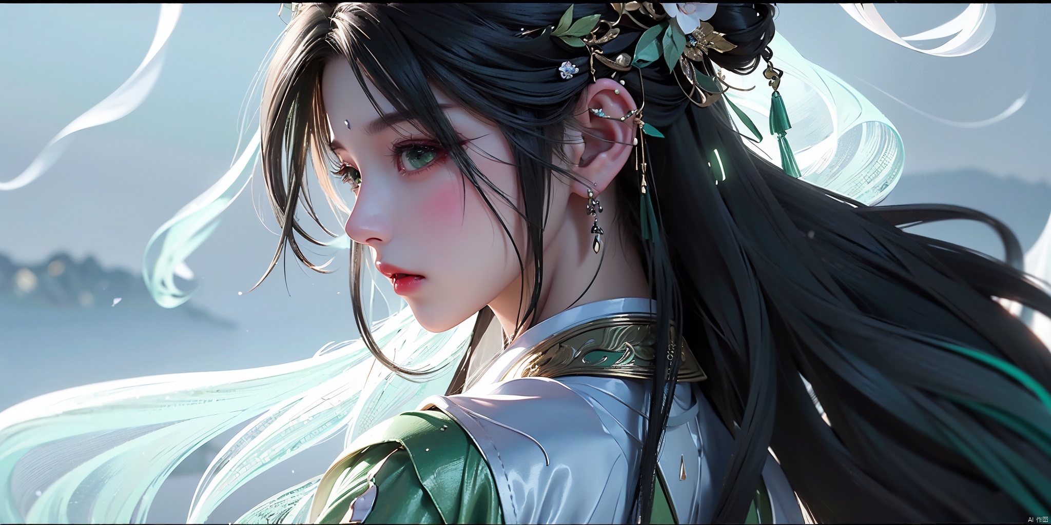  ((black hair:1.9))((green belt:1.5)),(green transparent material long sleeves:1.3),1 girl,((solo:1.9)),((profile:1.9)),The back perspective of a 20-year-old girl, long black head down vertically, hands down vertically, white Hanfu, ancient battlefields full of smoke, ancient buildings, and ancient buildings containing lanterns behind,
Burning ancient battlefields, billowing smoke, tiles, rubble,behind the smoke of war,skin,charm,romance,exquisite realism,super realistic,super realistic,photo,translucent,dynamic pose,high detail,illustration,high detail,hyper quality,8K, qingyi,hair ornament, long hair, limuwan