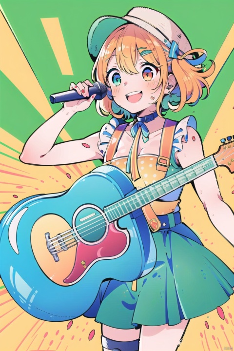  masterpiece, A girl holding a guitar, singing, happy, dopamine style