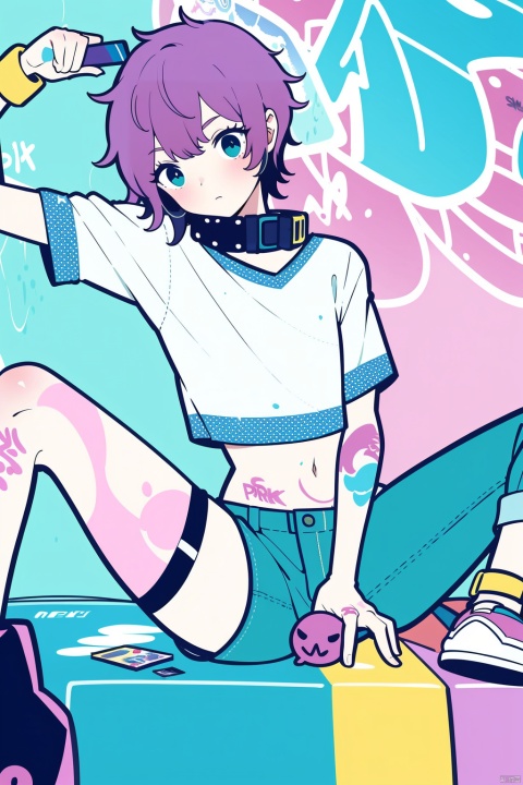  1 regardless of gender, alone, crop top, Denim shorts, collar, (Graffiti:1.5), paint splatter, Put your arms behind your back, leaning against wall, looking at the audience, armband, thigh strap, Suitable for the body, head tilt, boring, colorful hair, aqua eyes, earphone,Slim genderless anime character,wearing a sweater,Pink polka dot bubble design, and blue and green pants, psychology, cool pose, Left crab arm, OK, Cool sitting position, Short pink messy hair, Abstract triangle, clown atmosphere
