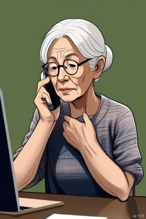 An elderly man, female, with white hair, in front of a desk, wearing reading glasses, grabbing a mobile phone with one hand and tapping the screen with the other, looking hesitant and confused,LinkGirl