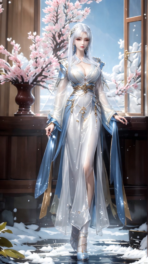 1girl, solo, looking at viewer, white hair, hair ornament, long sleeves, dress, holding, jewelry, closed mouth, standing, full body, flower, earrings, hair bun, white dress, see-through, clothing cutout, window, blue dress, chinese clothes, cleavage cutout, tassel, snow, branch