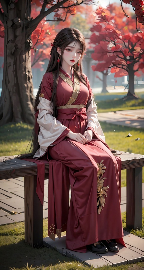 1girl, solo, long hair, black hair, hair ornament, long sleeves, dress, jewelry, sitting, full body, earrings, wide sleeves, chinese clothes, red dress, hanfu, yunxi, huolinger